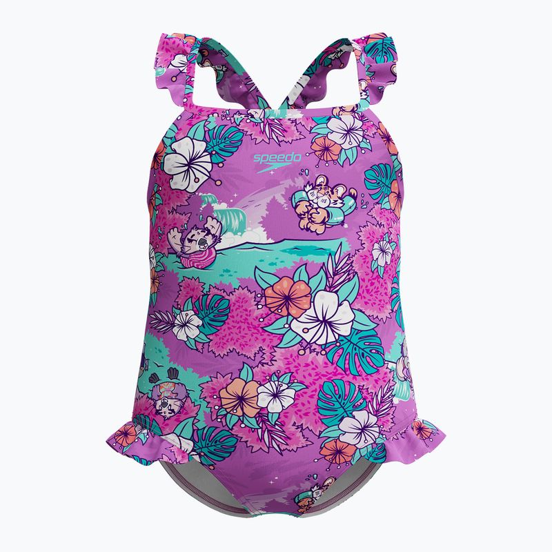 Vaikiškas vientisas plaukimo kostiumas Speedo Learn To Swim Printed Frill Thinstrap neon violet