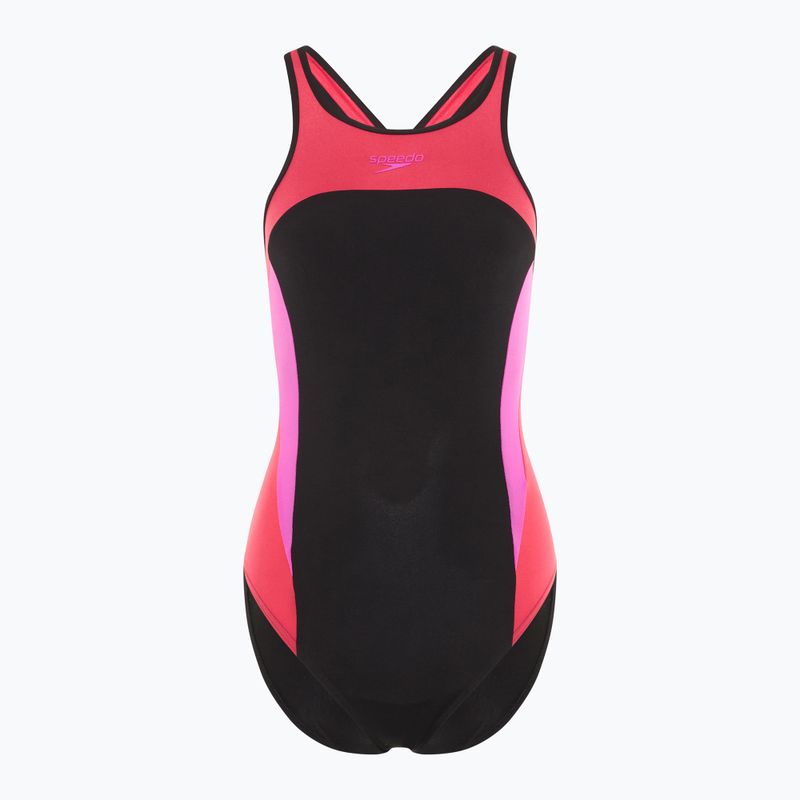 Moteriškas vientisas plaukimo kostiumas Speedo High Neck Splice Cross Back raspberry fill