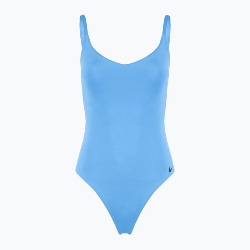 Vientisas moteriškas plaukimo kostiumas Nike Essential V-Neck university blue