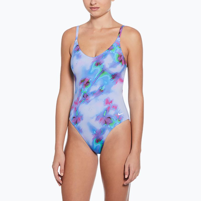 Moteriškas vientisas plaukimo kostiumas Nike Floral Blur V-Neck hydrangeas