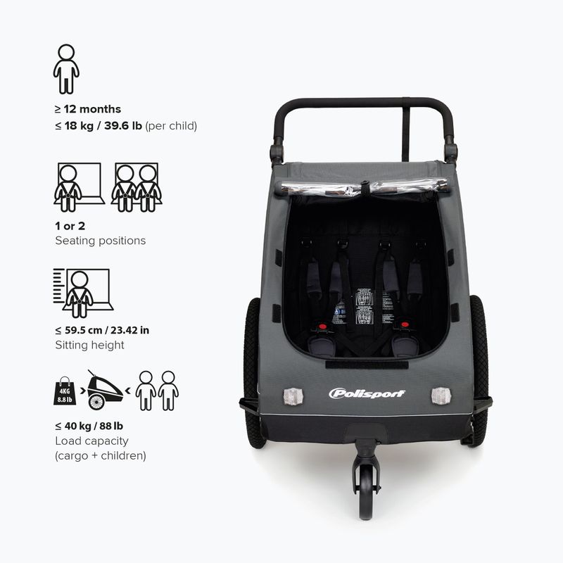 Priekaba dviračiui Polisport Kids Trailer&Stroller black/grey 7