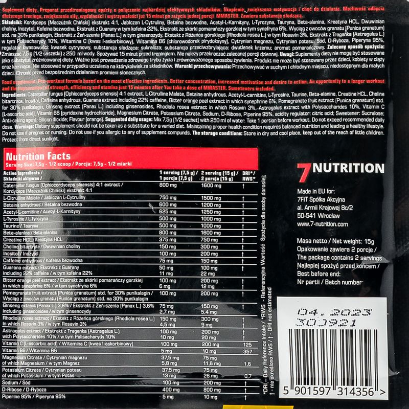 Prieš treniruotę 7Nutrition MMASTER 15 g paketėlis Orange 2