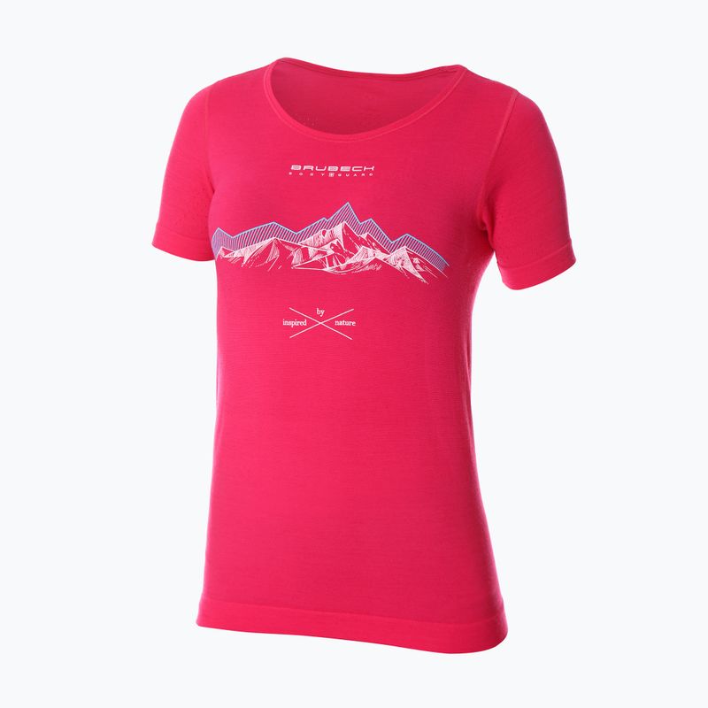 Moteriški termoaktyūs marškinėliai Brubeck Outdoor Merino Wool Pro aviečių spalvos/kalnai 1 3