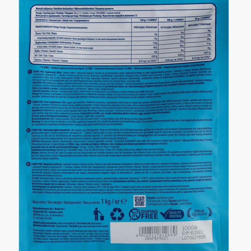 Angliavandeniai 6PAK Carbo Pak 1000 g Greipfrutas 2