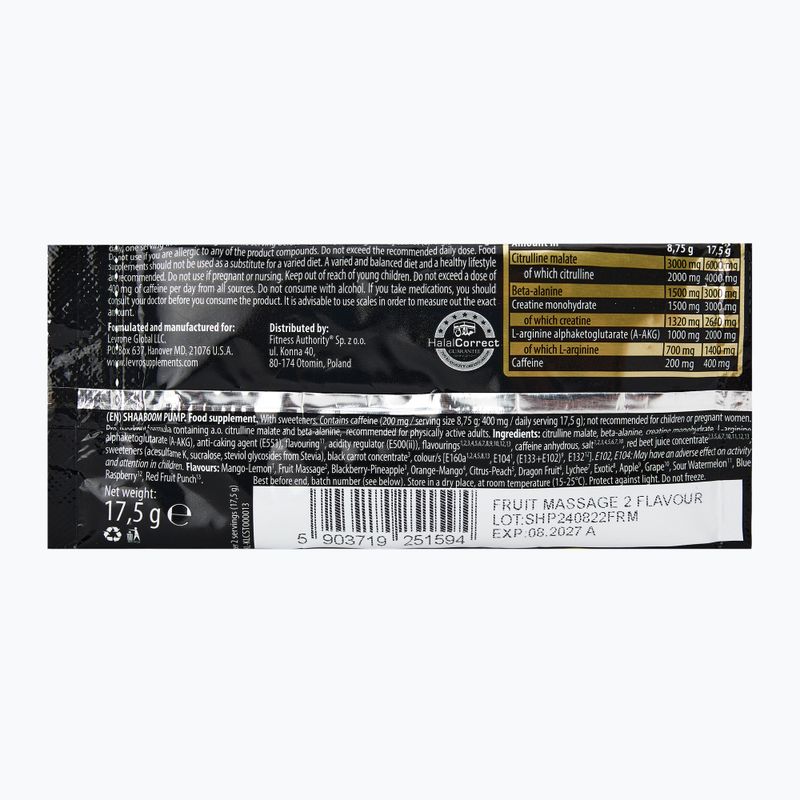 Gėrimas prieš treniruotę Fitness Authority Levrone Shaaboom Pump 17,5 g fruit massage 2