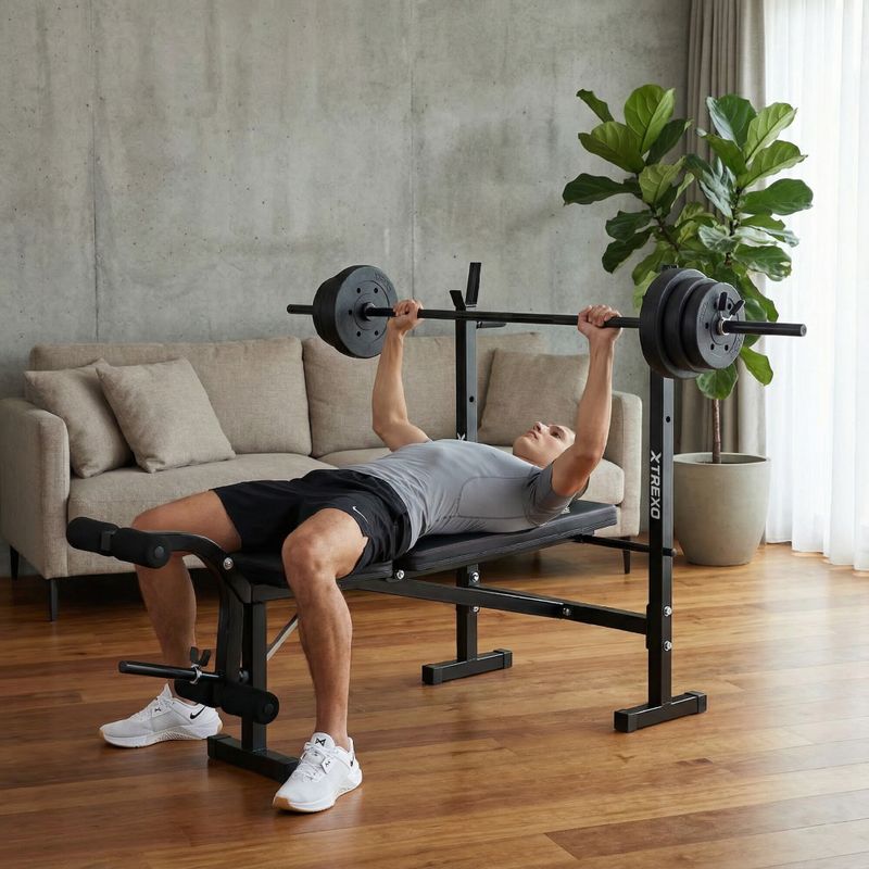 Treniruočių suoliukas XTREXO BenchFit Lite su stovu ir štanga juodas 3