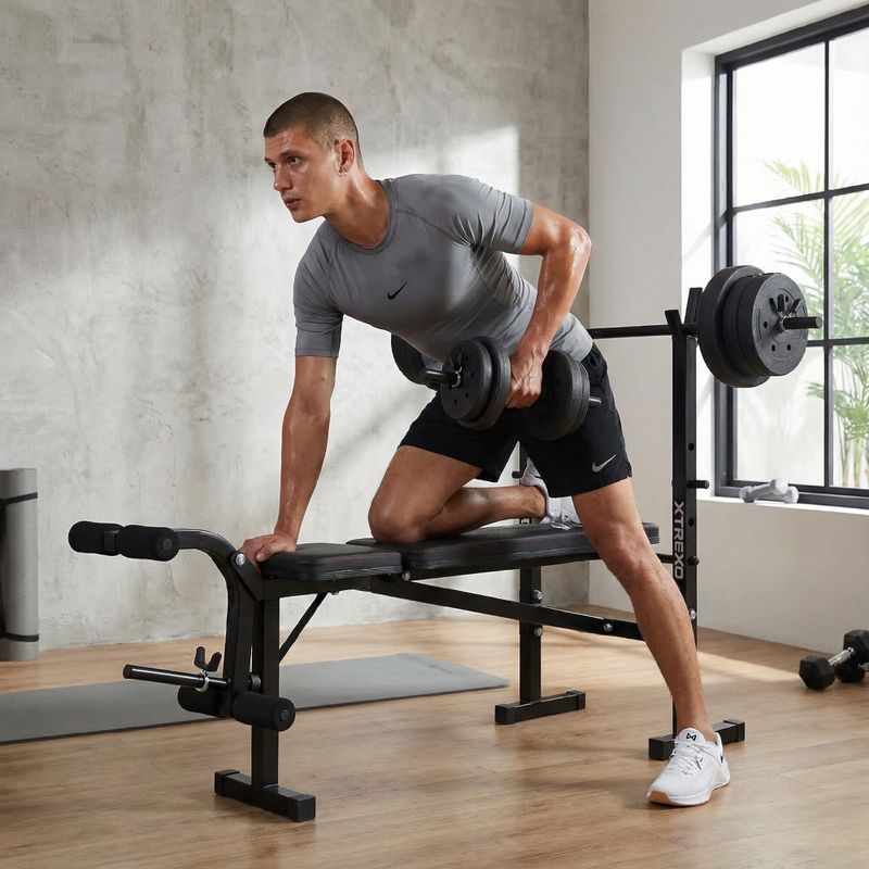 Treniruočių suoliukas XTREXO BenchFit Lite su stovu ir štanga juodas 4