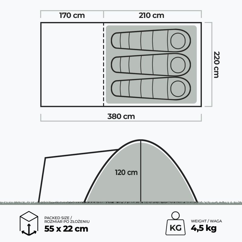 3 vietų kempingo palapinė KADVA Kavio 3 žalia 23
