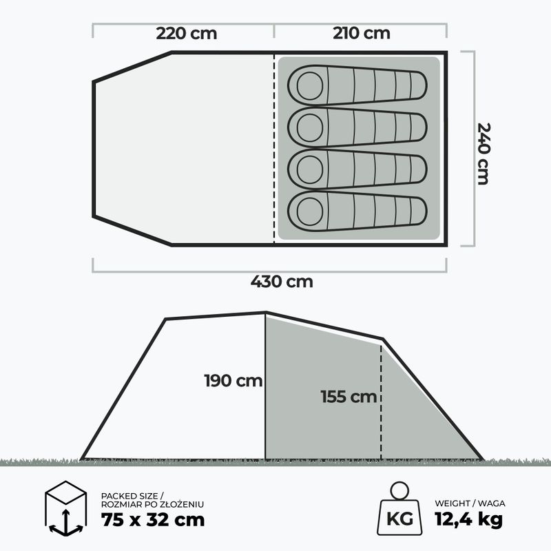 Keturvietė kempingo palapinė KADVA AIRcamp 4.4 žalia 23