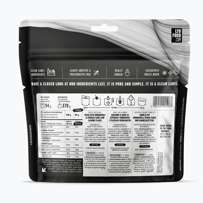 Liofilizuotas maistas LYOFOOD Farfalle su špinatais ir gorgonzola 370 g 2