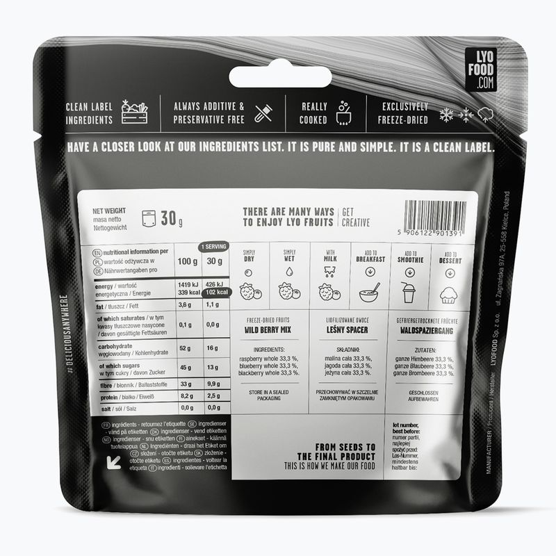 Liofilizuotas maistas LYOFOOD Vaisių mišinys avietės, mėlynės ir gervuogės 30 g 2