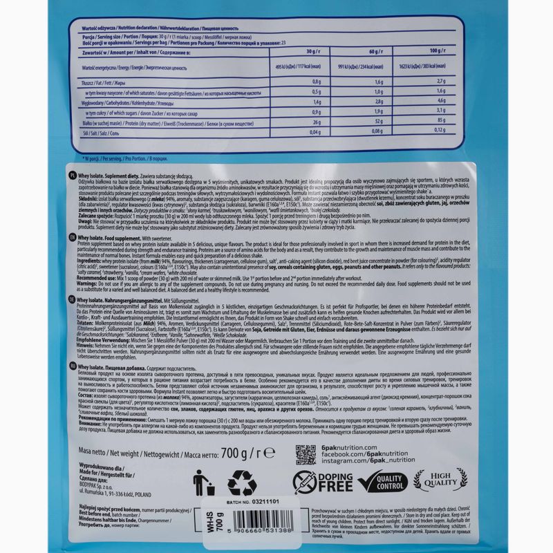 Išrūgų 6PAK izoliatas 700 g baltasis šokoladas 2