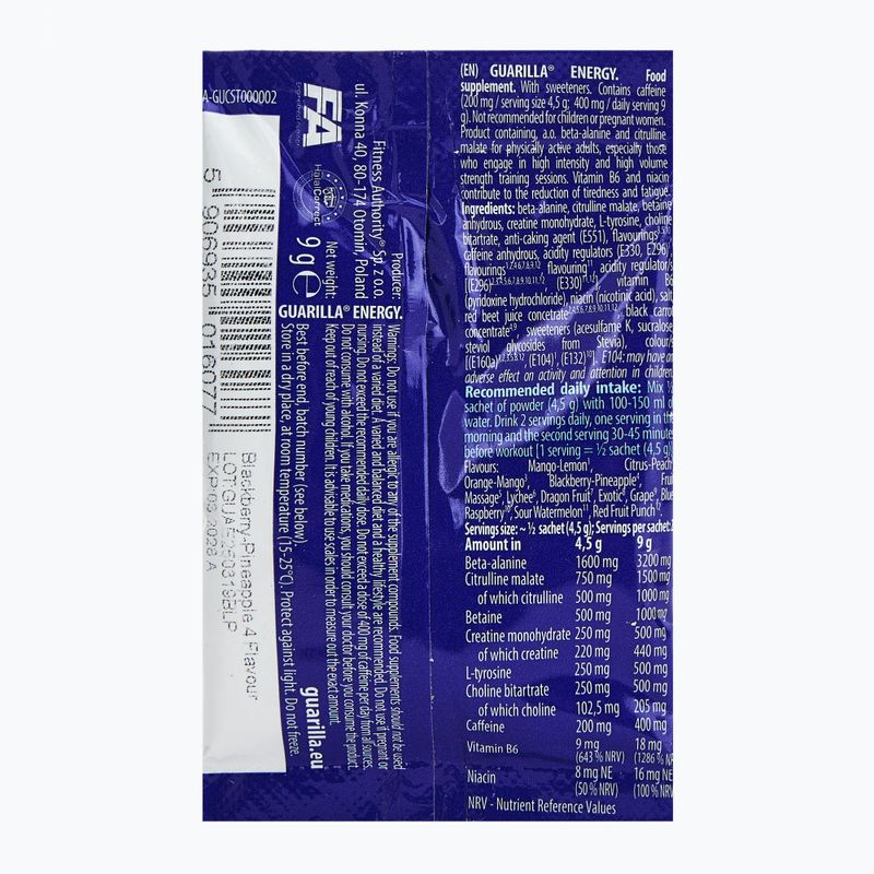 Gėrimas prieš treniruotę Fitness Authority Guarilla Enegry 9 g blackberry/pineapple 2