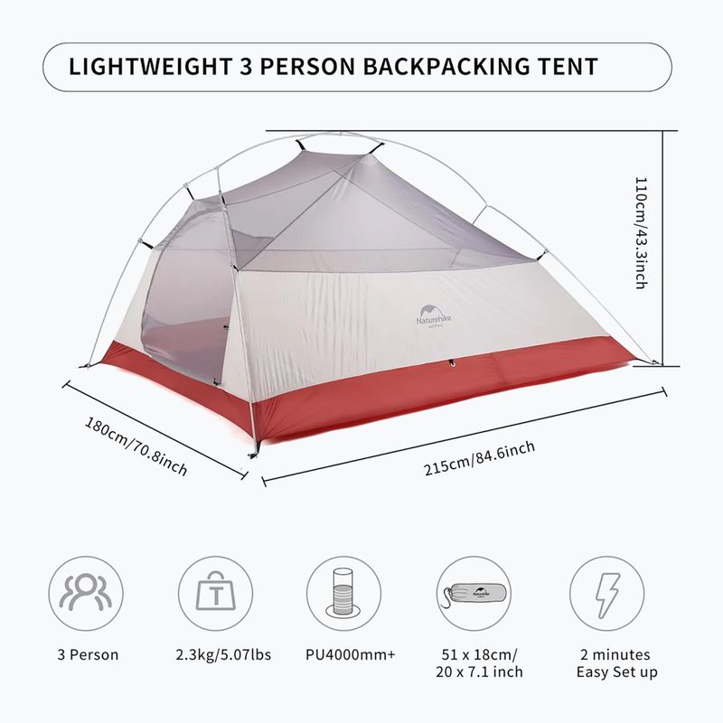 Trivietė žygio palapinė Naturehike Updated Cloud Up 3 light grey/red 6