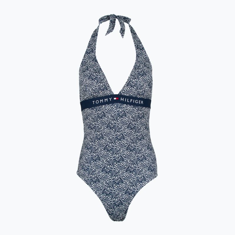 Moteriškas vientisas maudymosi kostiumėlis Tommy Hilfiger Halter One Piece Rp Print illustrated wave dark night navy