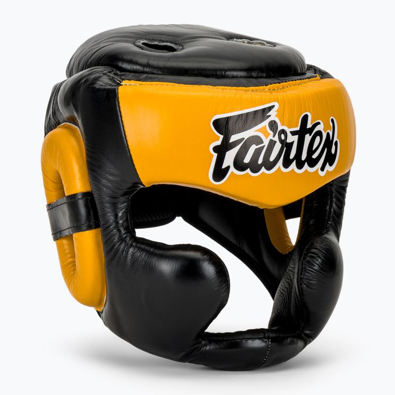 Bokso šalmas Fairtex Diagonal Vision Sparring Headguard - Full Head Coverage black/yellow