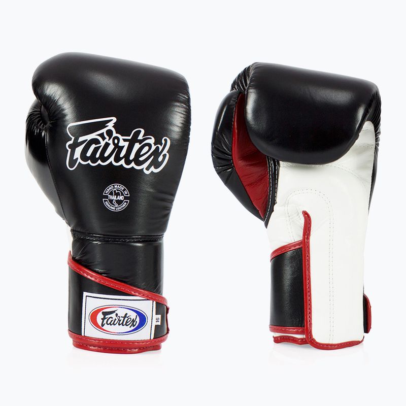 Fairtex stilingos kampuotos bokso pirštinės su užfiksuotu nykščiu juodos/baltos/raudonos spalvos