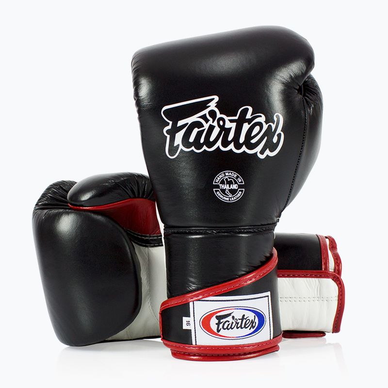 "Fairtex" stilingos kampuotos bokso pirštinės su užfiksuotu nykščiu juodos/baltos/raudonos spalvos 4