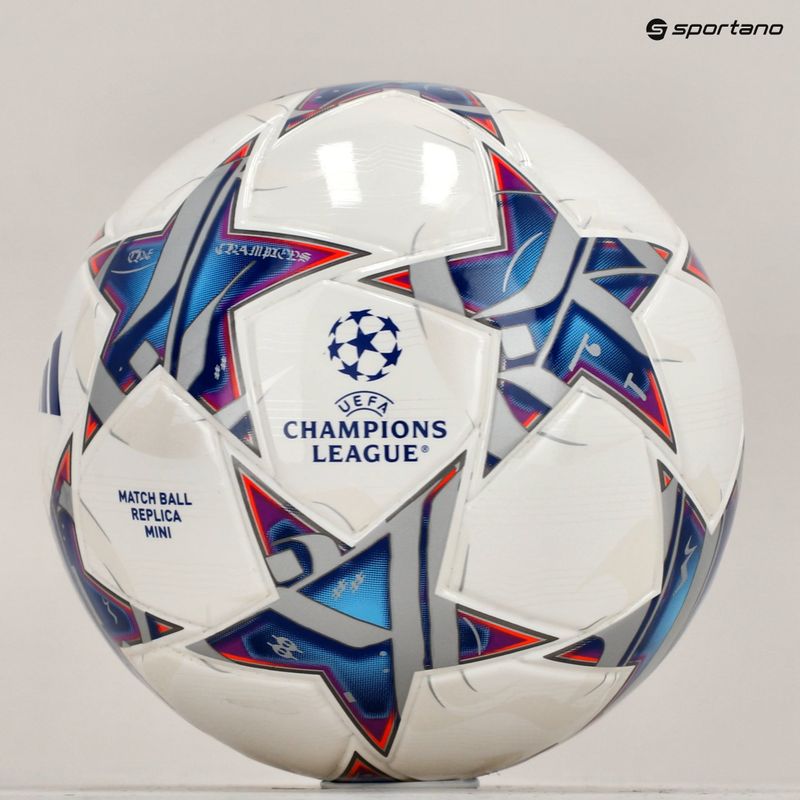 Futbolo kamuolys adidas UCL Mini 23/24 white/silver metallic/bright cyan dydis 1 5