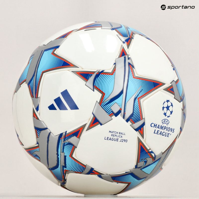 Futbolo kamuolys adidas UCL Junior 290 League 23/24 white/silver metallic/bright cyan dydis 4 5
