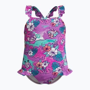 Vaikiškas vientisas plaukimo kostiumas Speedo Learn To Swim Printed Frill Thinstrap neon violet