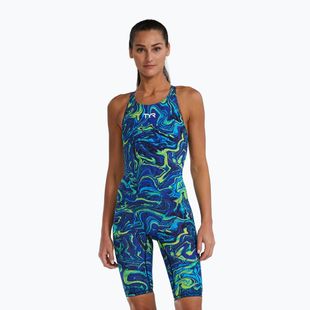 Moteriškas vientisas maudymosi kostiumėlis TYR Thresher Open Back Hyperblitz blue/green