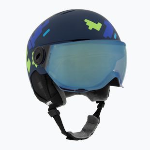 Vaikiškas slidinėjimo šalmas UVEX Rocket Visor Jr blue puzzle matt/mirror blue/smoke