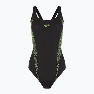 Moteriškas vientisas plaukimo kostiumas Speedo Panel Muscleback juoda/žalia