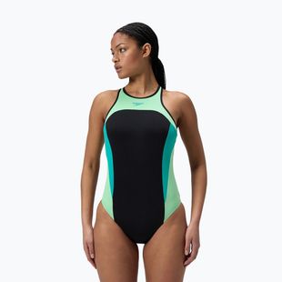 Moteriškas vientisas maudymosi kostiumėlis Speedo High Neck Splice Cross Back turkio spalvos akmuo