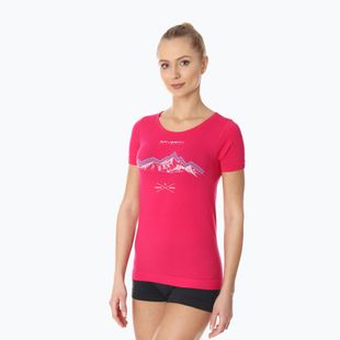 Moteriški termoaktyūs marškinėliai Brubeck Outdoor Merino Wool Pro aviečių spalvos/kalnai 1