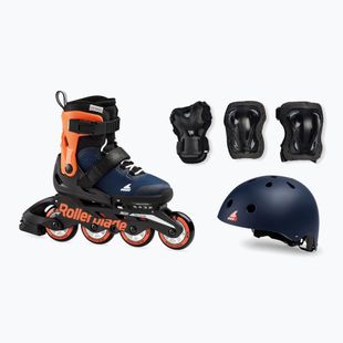 Vaikiški riedučiai su šalmu ir apsaugomis Rollerblade Microblade Cube Jr midnight blue/warm orange